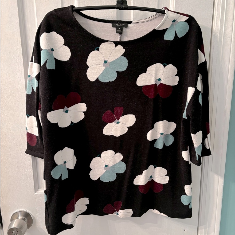 Ann Taylor Floral blouse. Black with multi -colored flowers.